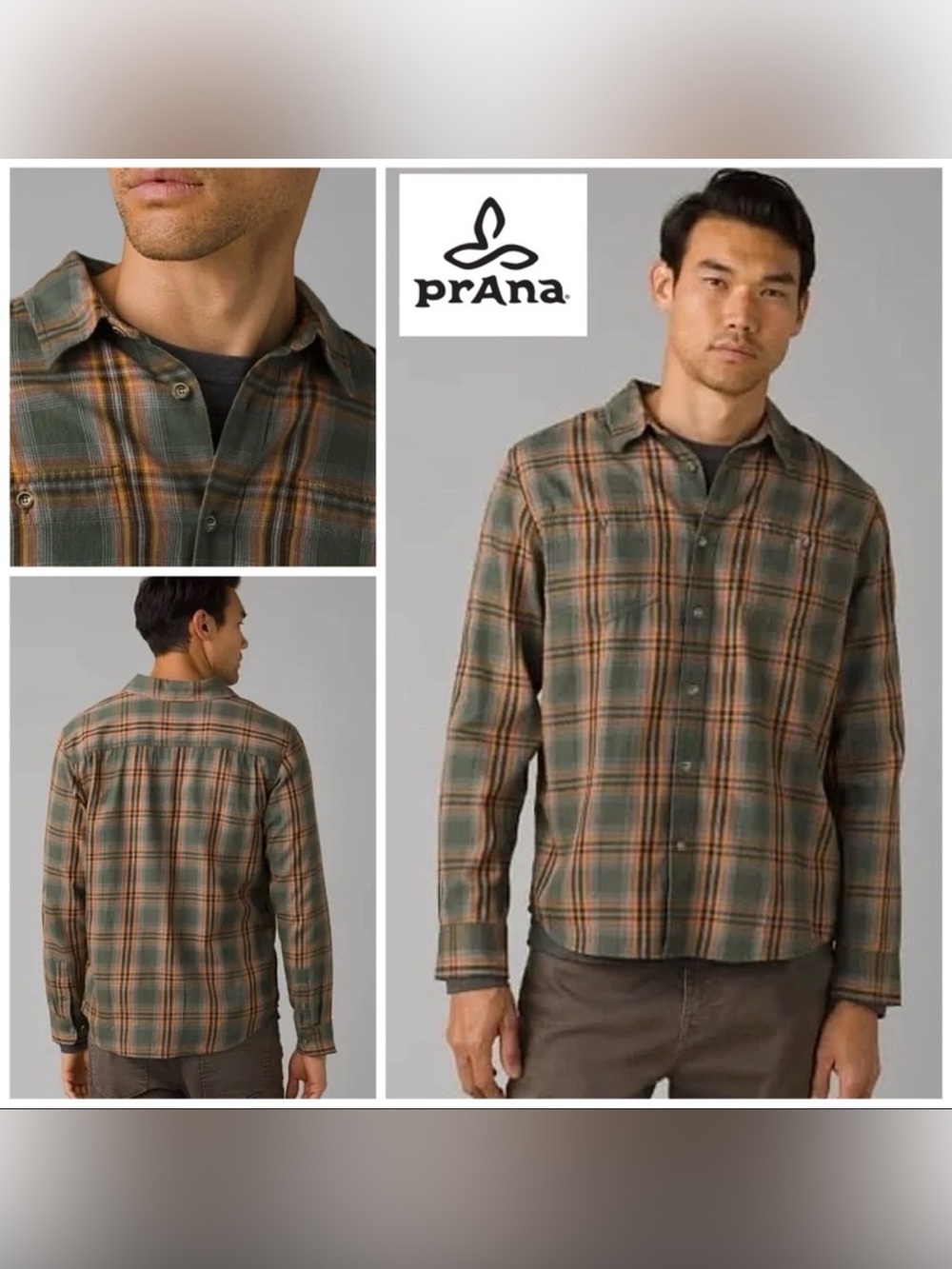 prAna Mens Dolberg Plaid Cotton Flannel Shirt in Kale Standard Fit Medium Tall